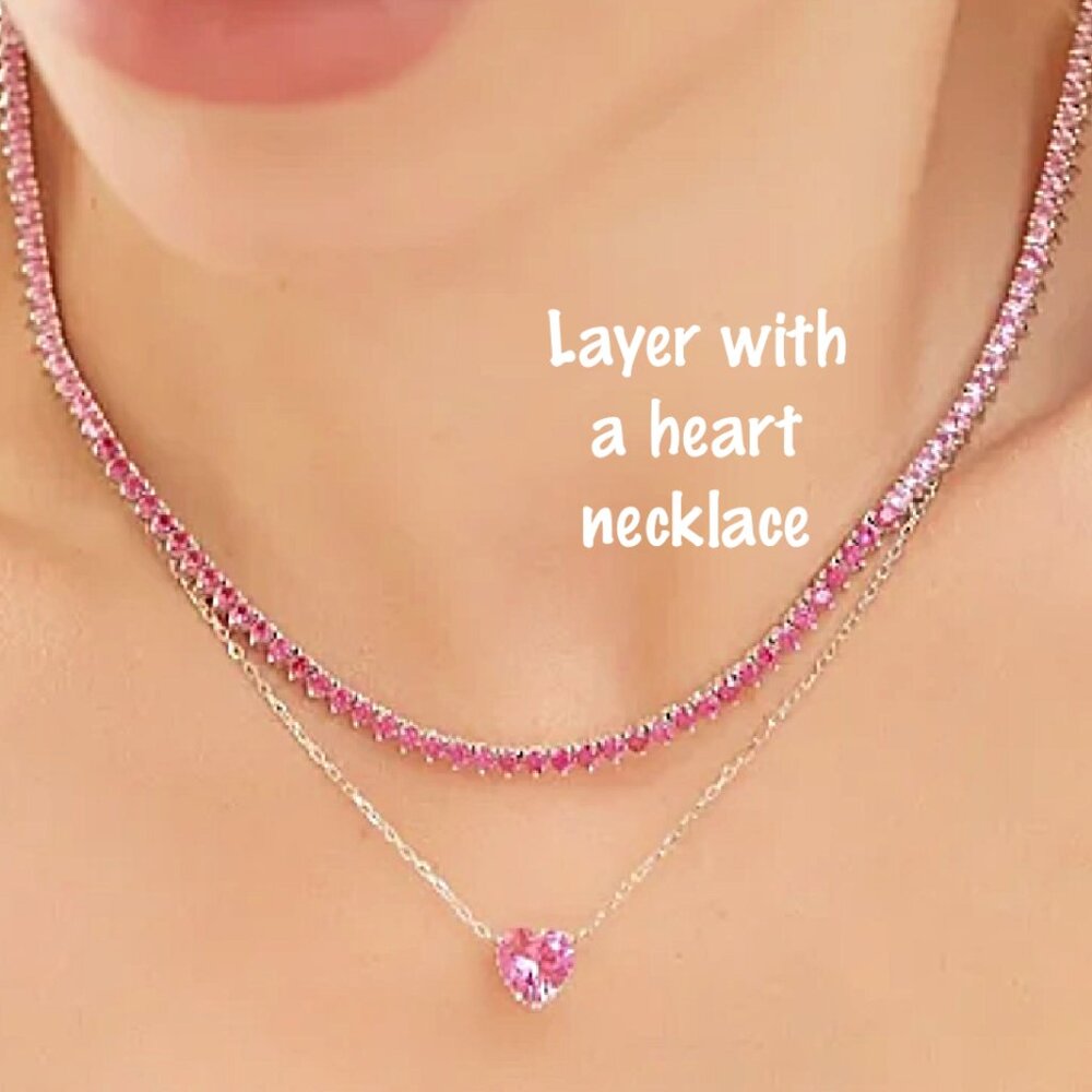 3mm Pink Simulated Sapphire Diamondette Ombré Tennis Necklace - Picture 2 of 10